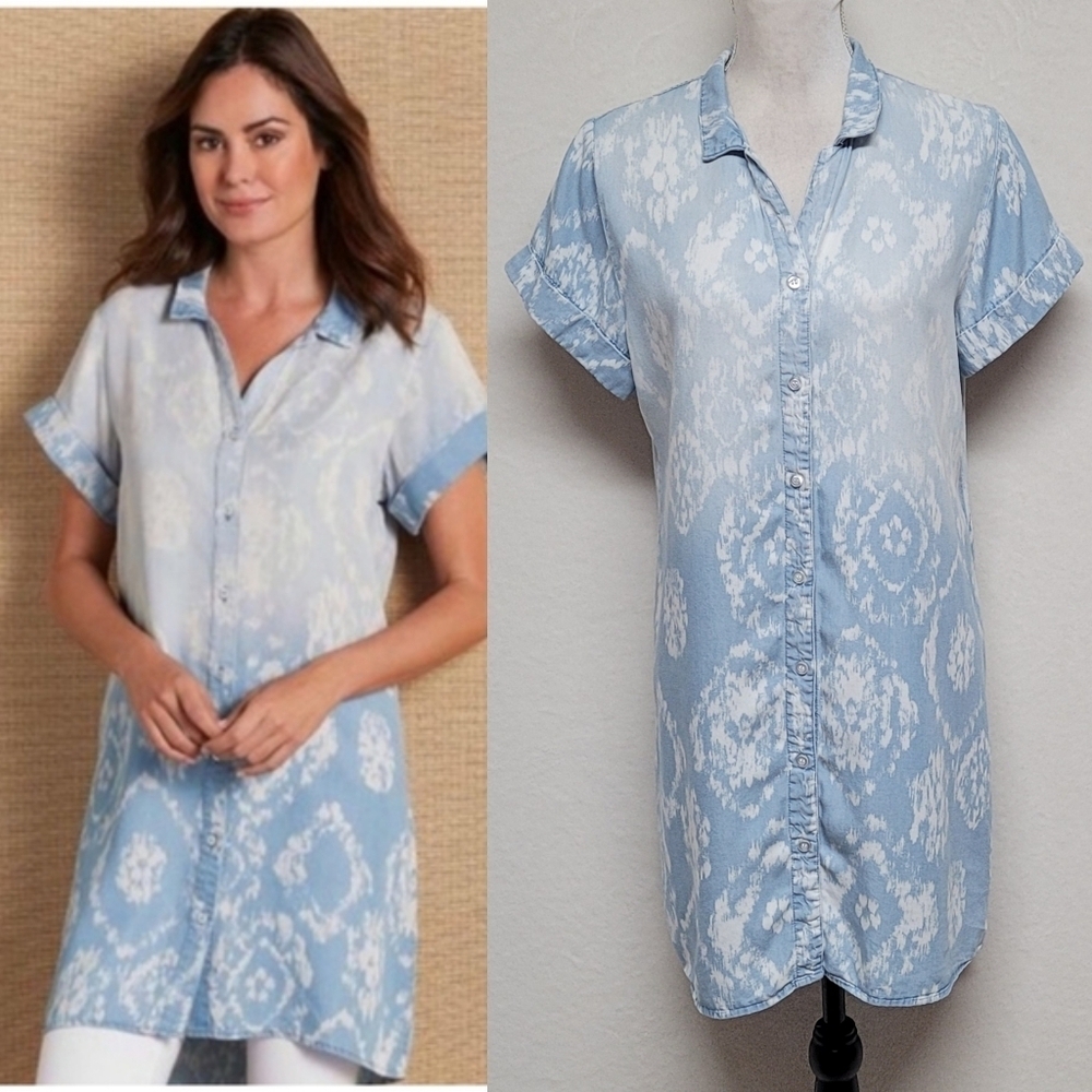 Soft Surroundings Shades of Sea Blue Chambray Mini Dress Short Sleeve Tunic S
